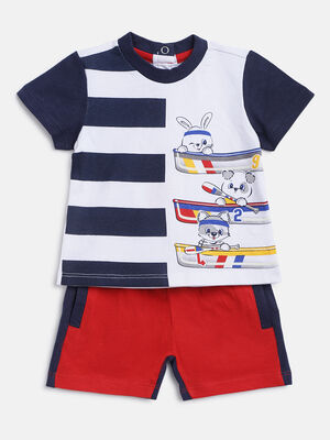 Boys Medium Red Printed 2 Pc Set T-shirt with Short Trouser